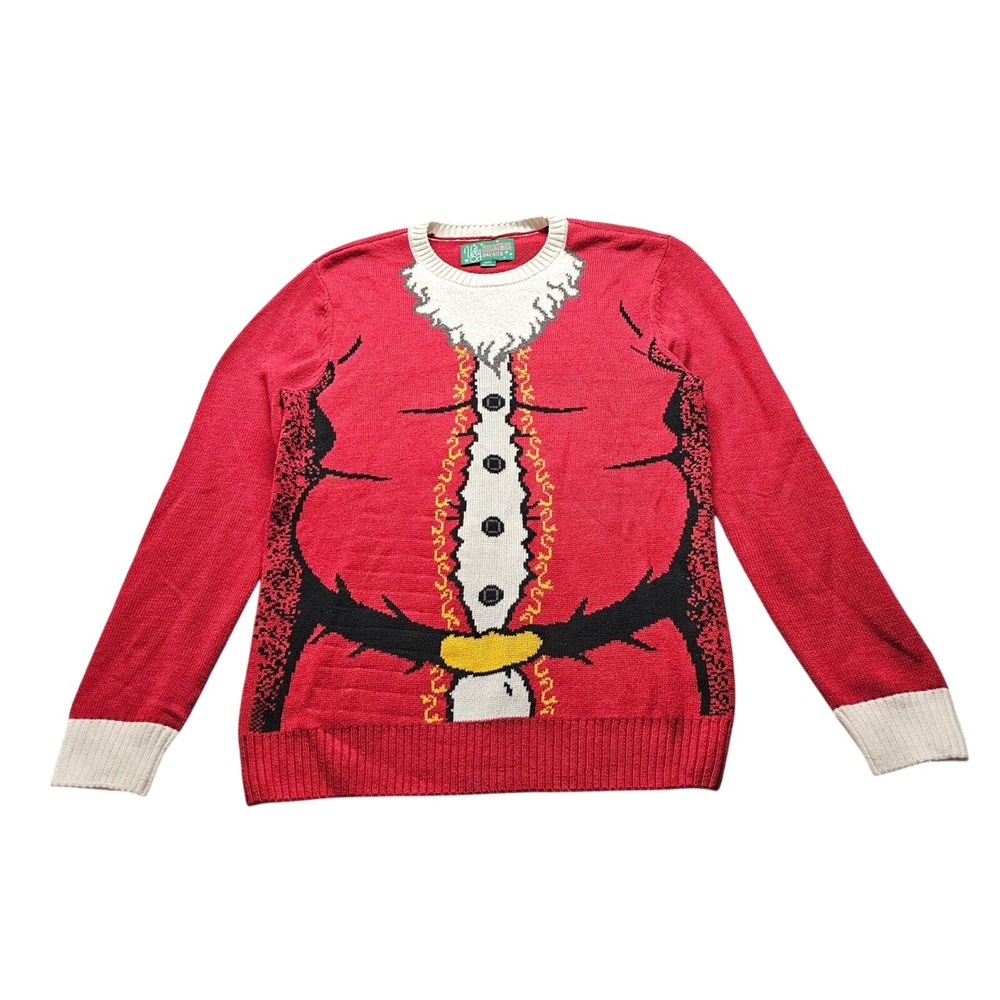 Ugly Christmas Sweater Santa Suit Graphic Pullover Mens M Red Holiday Novelty